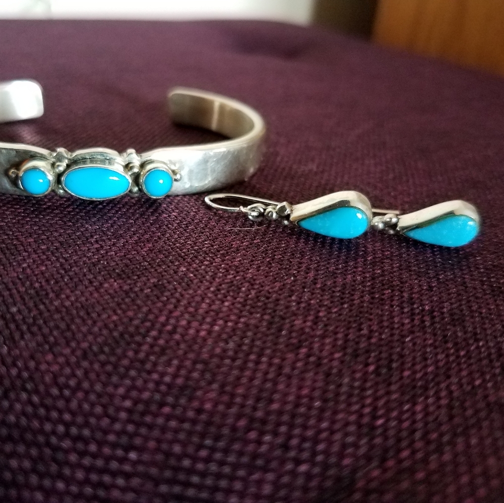 Sterling Turquoise Cuff Bracelet and Earrings Set